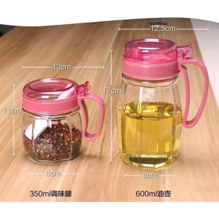 Bộ 5 lọ đựng gia vị - Hủ đựng gia vị nấu ăn - Combo 5 lọ thủy tinh gồm 2 bình rót và 3 hũ đựng gia vị có tay cầm