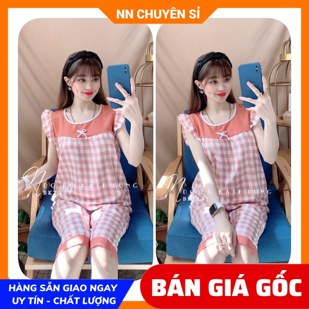 Đồ bộ nữ mặc nhà chất kate mềm mát in caro nhí phối nơ dễ thương BKT157 bộ kate lửng