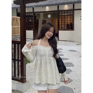 Áo xốp ren dài tay trễ vai dây buộc cổ the.sweaterweather TSW
