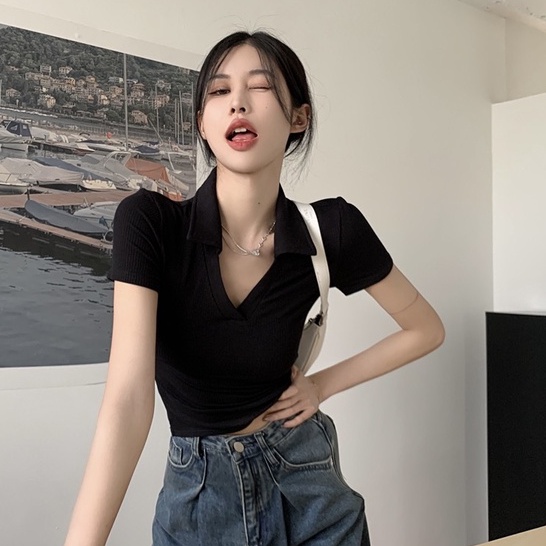 QKOOLE Áo polo  tay ngắn dáng ôm phong cách Hàn Quốc cổ điển thời trang cho nữ