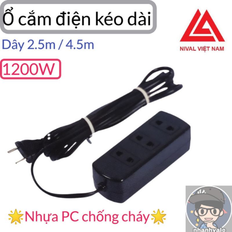 Ổ cắm 3 cửa có dây Nival 1200W 🌟Nhựa PC Chống cháy🌟