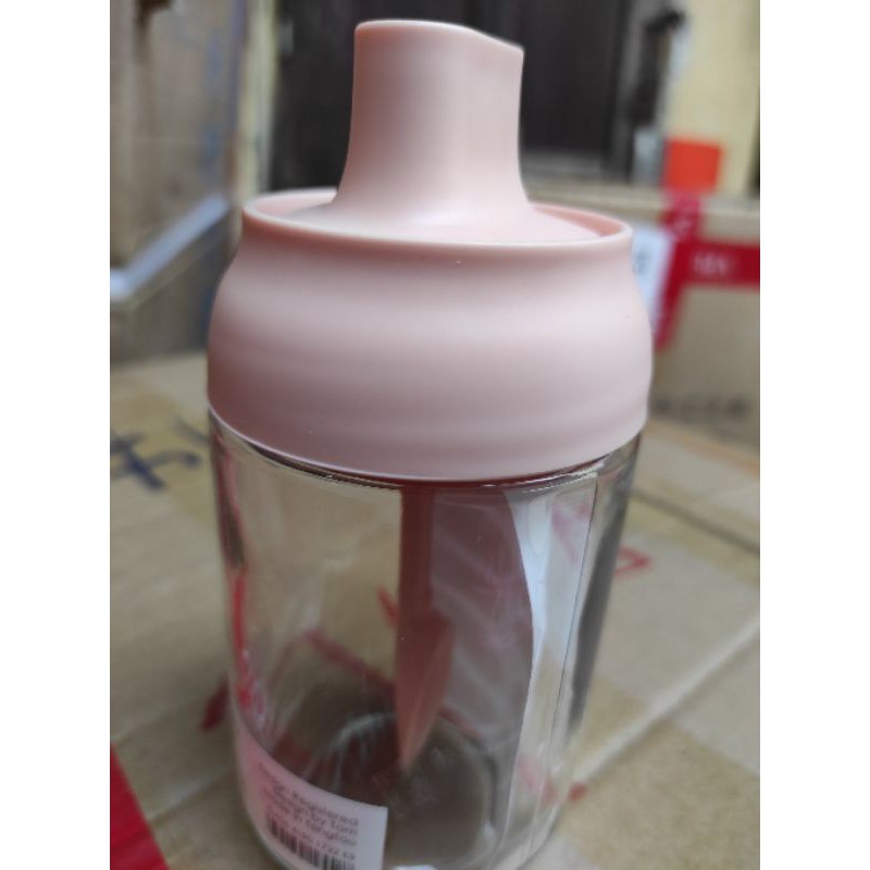 Hũ đựng gia vị, dầu ăn, mật ong chất liệu thủy tinh kèm thìa nắp hồng | BigBuy360 - bigbuy360.vn