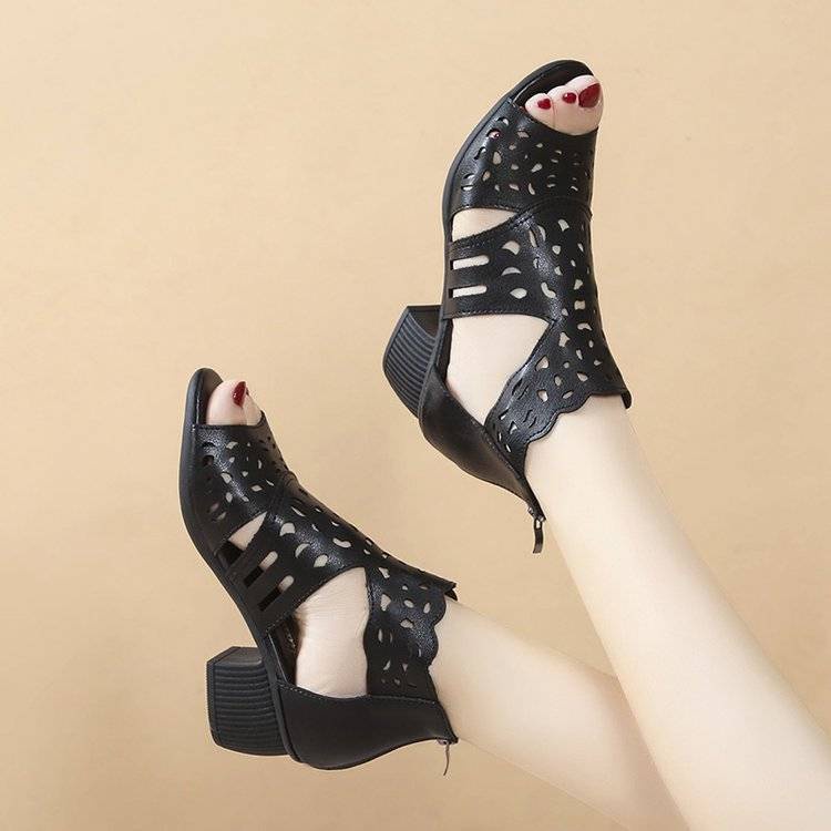 Xăng đan Cao Gót 5cm Hở Mũi Phối Khóa Kéo Thời Trang Mùa Hè Cho Nữ