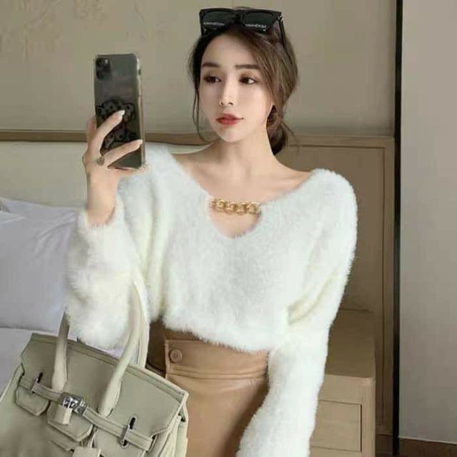 Áo vải lông bông mịn tay dài nữ len móc xích cổ áo ulzzang ( 2 màu )