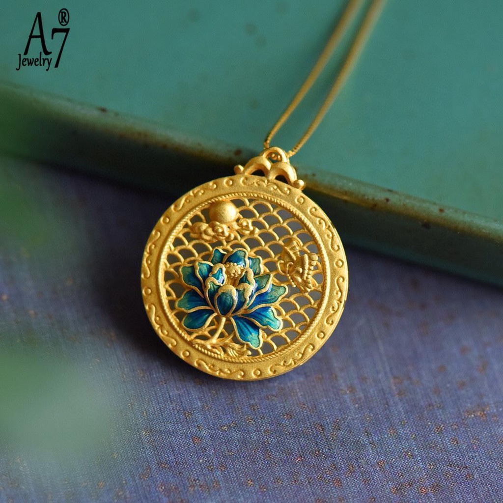 Vòng cổ Mạ Bạc 925 Mặt Hình Tròn Khắc Hoa Sen Phong Cách Trung Hoa Cổ Điển Màu Sắc Tùy Chọn