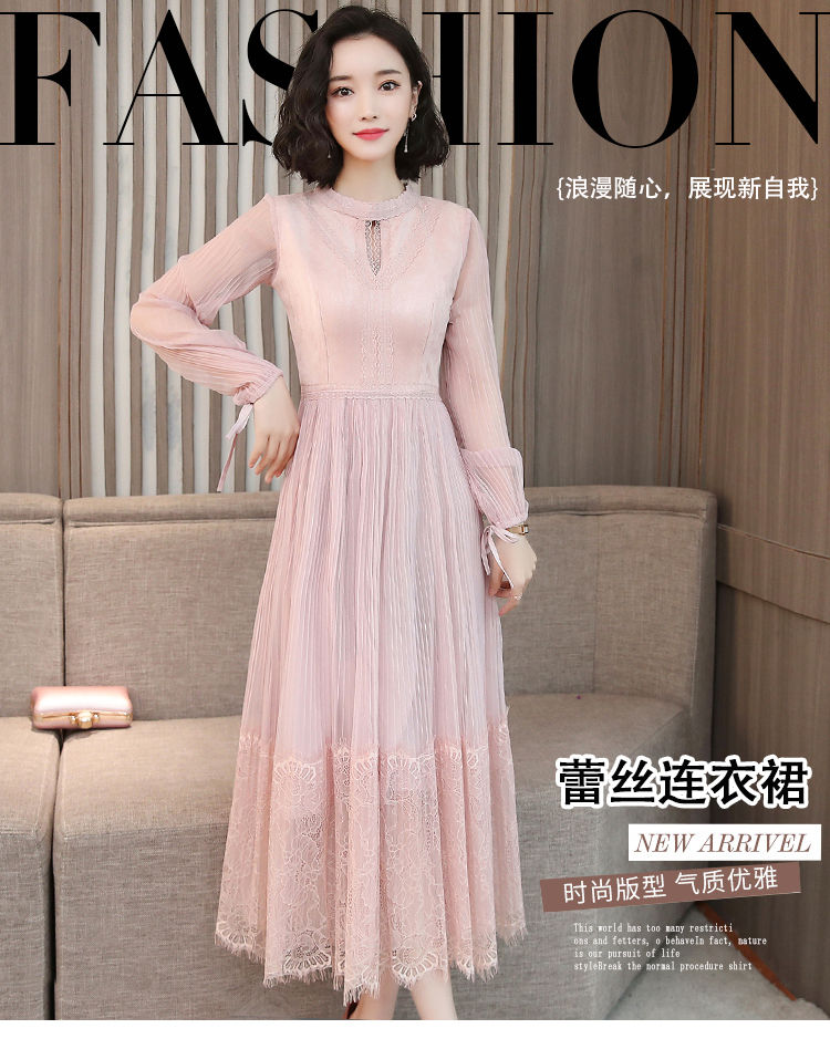 Đầm dài tay phối lưới ren xinh xắn dành cho nữ/S-3xl
