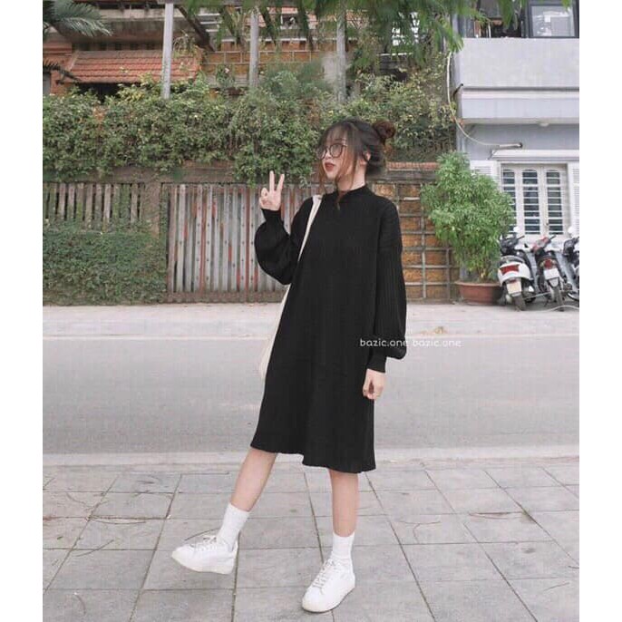 Váy Nỉ Dáng Suông Bo Tay 🌺 Váy len nữ dáng suông 2 màu basic ĐEN | TRẮNG style Ulzzang SIÊU HOT 🌺