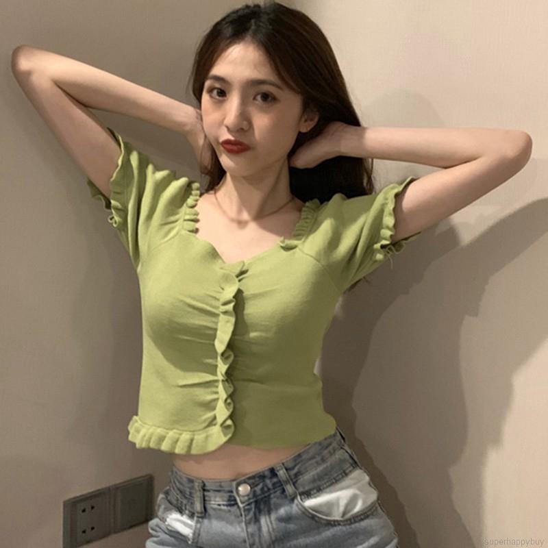 Áo Dệt Kim Nữ Tay Ngắn Cổ Chữ V Màu Trơn Gợi Cảm