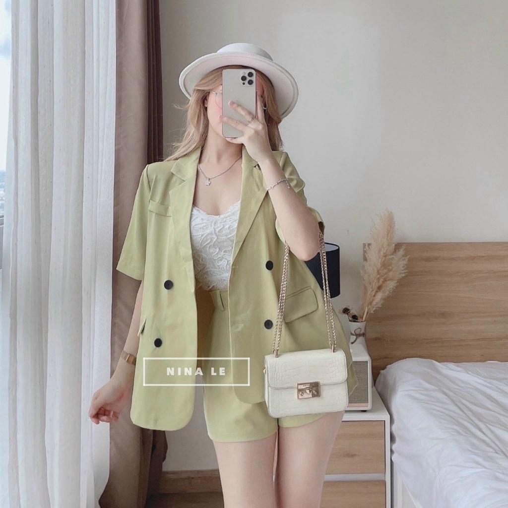 Sét Bộ Thời Trang Nữ Công Sở, Sét Bộ Vest Chất For Tay Ngắn Có Nút Không Kèm Áo Trong Mix Quần Short Cạp Cao