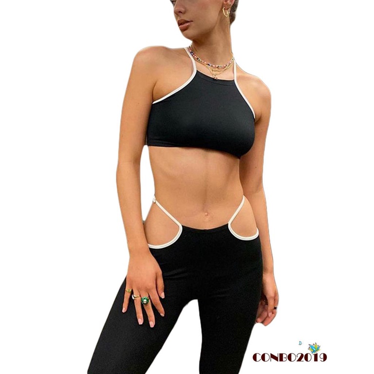 Set Đồ 2 Món Gồm Áo Crop Top Không Tay Phối Quần Lưng Cao Màu Đen Khoét Lỗ Cho Nữ