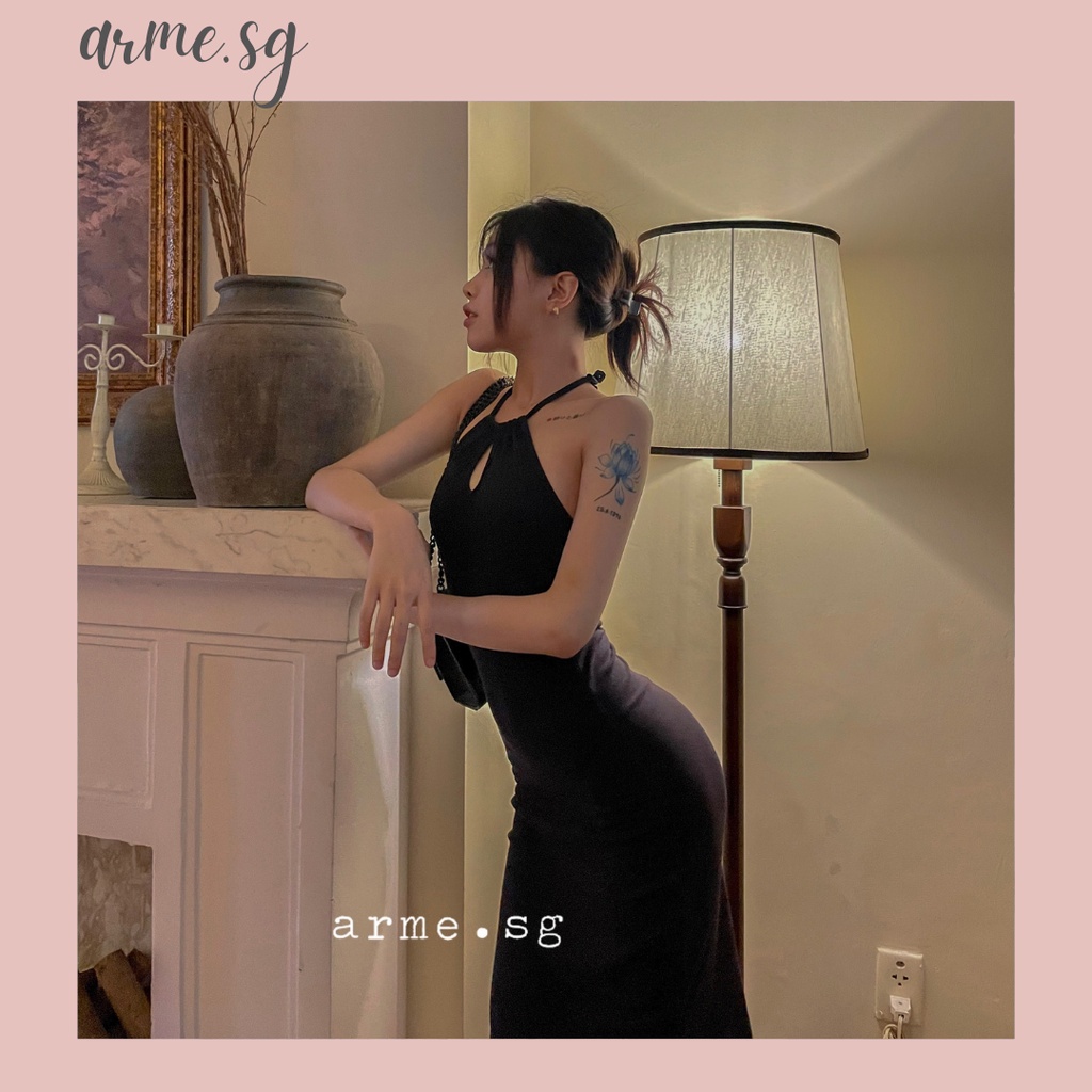 Đầm body thun đen cổ yếm hở lưng buộc dây khoét ngực, Đầm dáng dài ôm body sexy