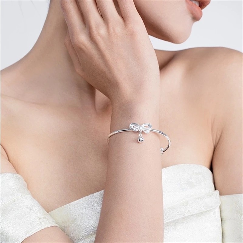 Vòng Đeo Tay Tự Làm Đính Chuông Và Nơ Màu Bạc Dễ Thương Phong Cách Hàn Quốc