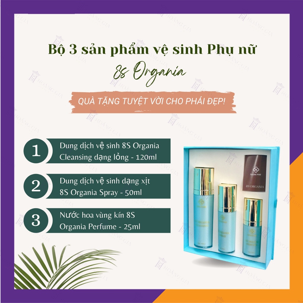 Bộ 3 sản phẩm vệ sinh phụ nữ 8S Organia - Công nghệ đột phá Nano bạc kháng khuẩn - Chai 120ml, 50ml, 30 ml