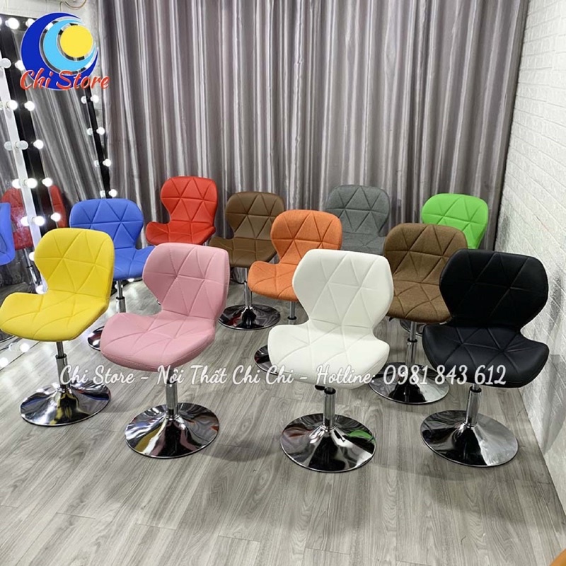 Ghế Ngồi Bàn Trang Điểm Xoay Mẫu Kim Cương, Ghế Chụp Hình, Livestream Chỉnh Độ Cao 30-50cm Bọc Da Cao Cấp Sang Chảnh