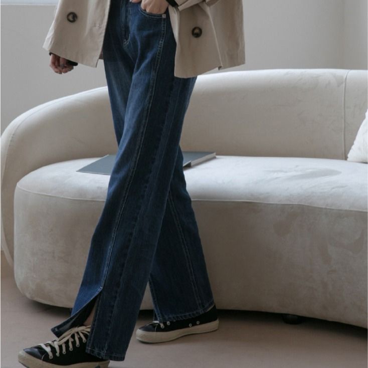 Quần jean ống suông rộng lưng cao xẻ tà phong cách Retro Hàn Quốc mới