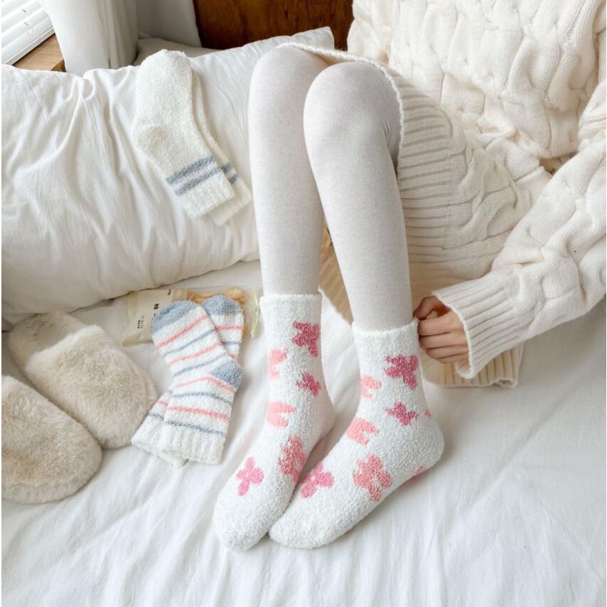 TLB21 Tất len bông lông cừu chất dày giữ ấm tông trắng màu pastel nhẹ nhàng dễ thương