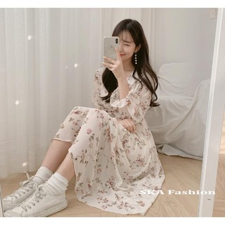 Váy hoa ullzang dáng dài cổ tim voan tơ hoa nhí vintage - SKA Fashion