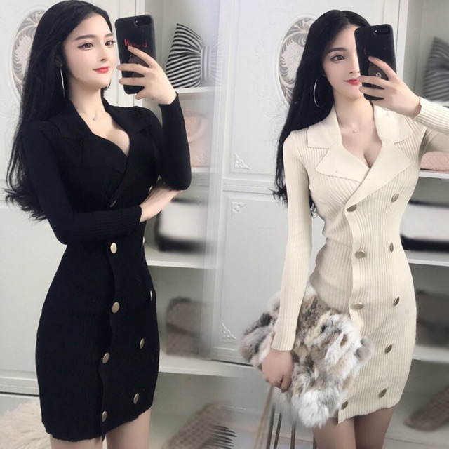 Váy len body hai hàng cúc cổ vest hàng QC ( ảnh thật chèn tên)