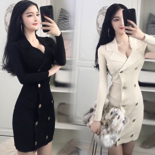 Váy len body hai hàng cúc cổ vest hàng QC ( ảnh thật chèn tên)