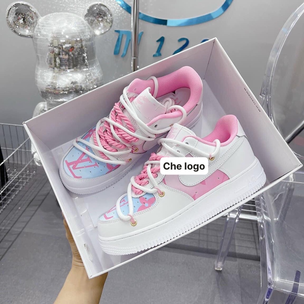 Giày thể thao AF.1 LV trắng hồng mẫu mới, giày sneaker LV trắng hồng fullsize Nữ
