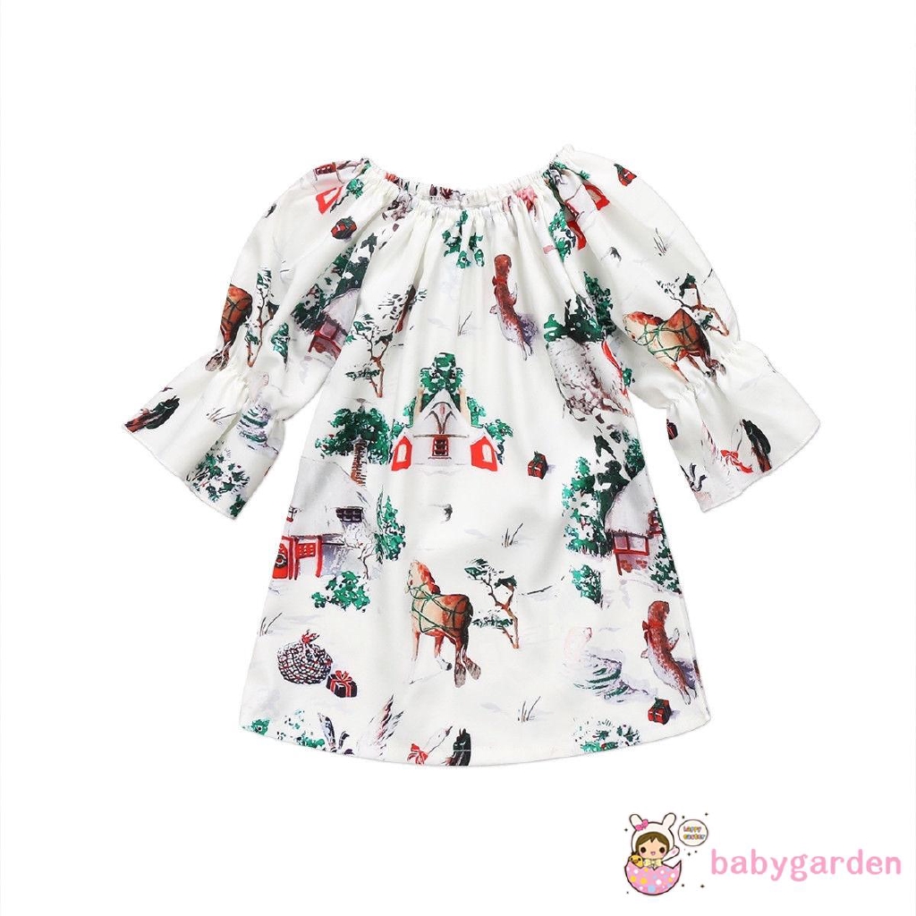 Đầm tay lửng in họa tiết chủ đề giáng sinh dễ thương cho bé gái