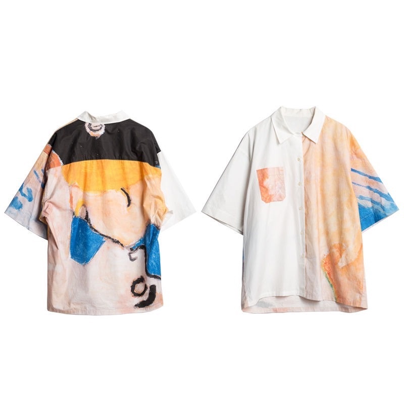 Áo Sơ Mi Tay Ngắn Dáng Rộng Cổ Bẻ In Họa Tiết Tranh Sơn Dầu Độc Đáo Thời Trang Cho Nữ
