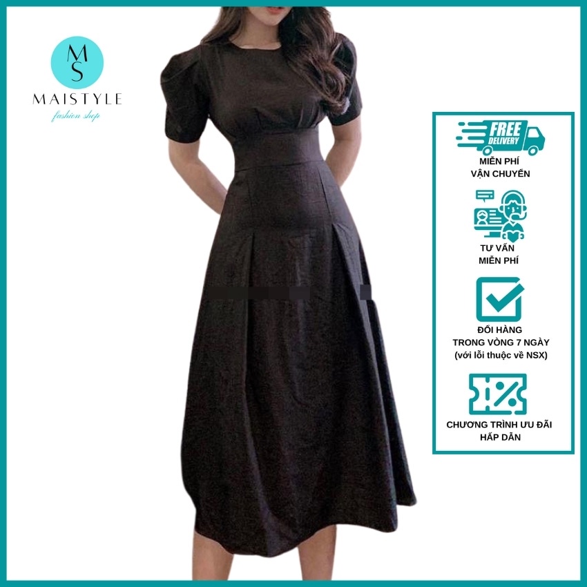 Váy trắng đen MAISTYLE đầm nữ công sở dự tiệc dáng dài qua gối xinh thiết kế đẹp tay phồng cao cấp xòe midi vải linen | BigBuy360 - bigbuy360.vn