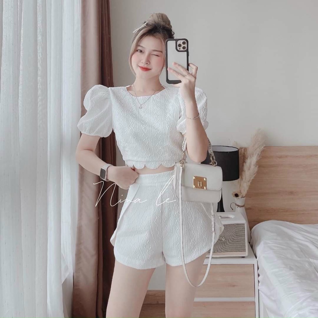 Sét bộ đồ nữ croptop cột dây lưng trẻ trung quyến dũ lai gợn sóng siêu xinh kèm kèm quần tôn dáng