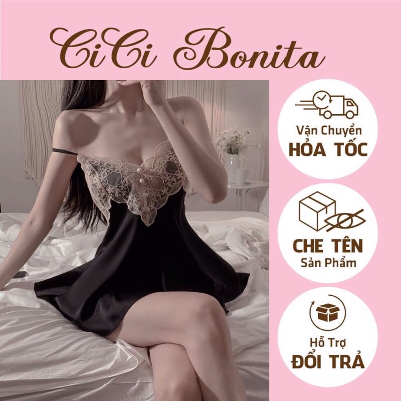 Đầm mặc nhà cao cấp/ Váy ngủ lụa 2 dây gợi cảm phối ren cúc bọc hottrend QUẢNG CHÂU CV39 CICI BONITA HCM
