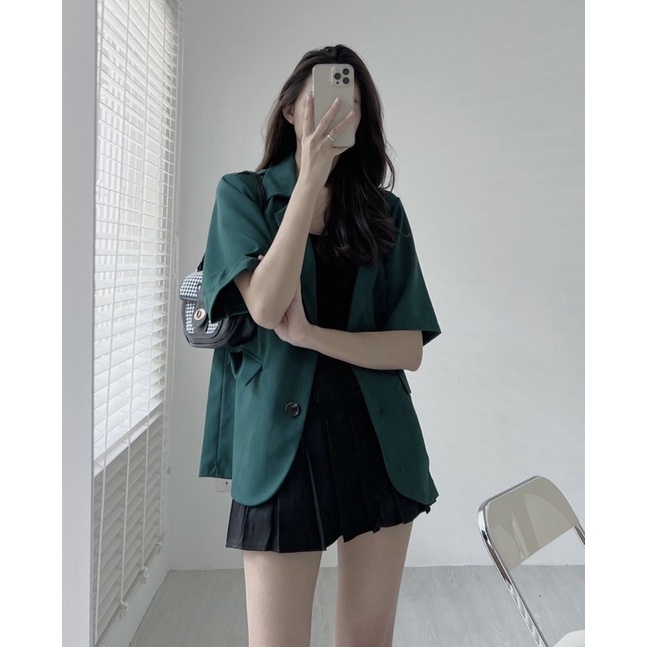 Áo blazer cộc tay xanh - nâu