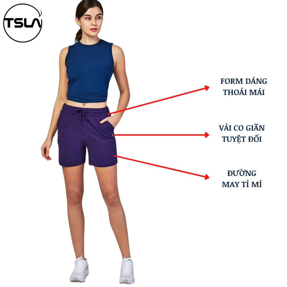 Quần đùi thể thao TSLA chất liệu cotton nữ, đi bộ, chạy bộ, yoga, tập luyện, bóng rổ