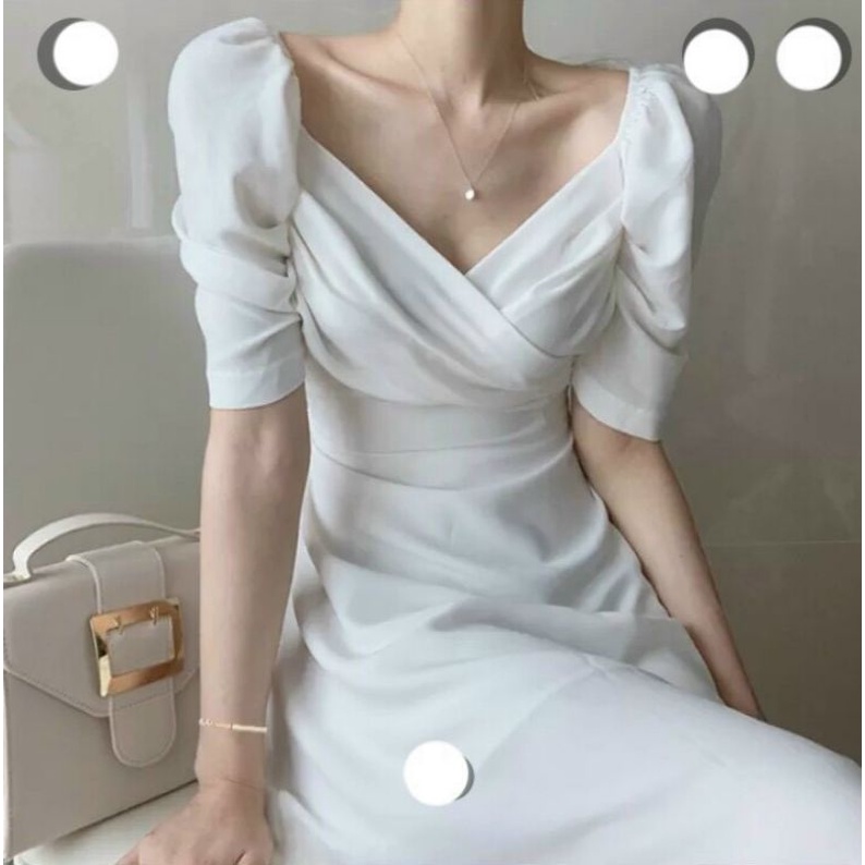 Đầm váy tiểu thư dự tiệc, đi bàn đãi tiệc form midi đơn giản sang trọng tay phồng thắt eo tạo dáng sang chảnh form midi