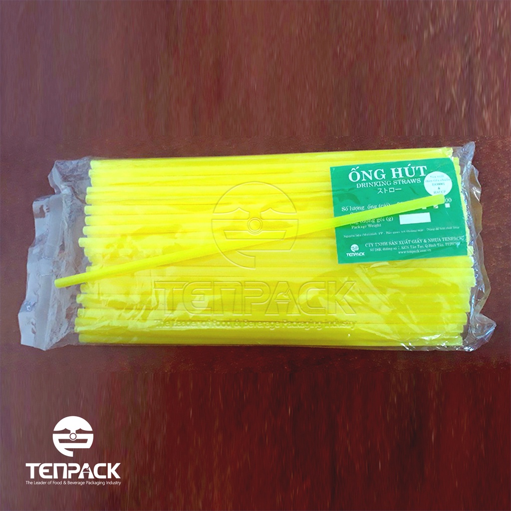 100 Ống hút nhựa thẳng trơn vàng pi5x20cmx100c