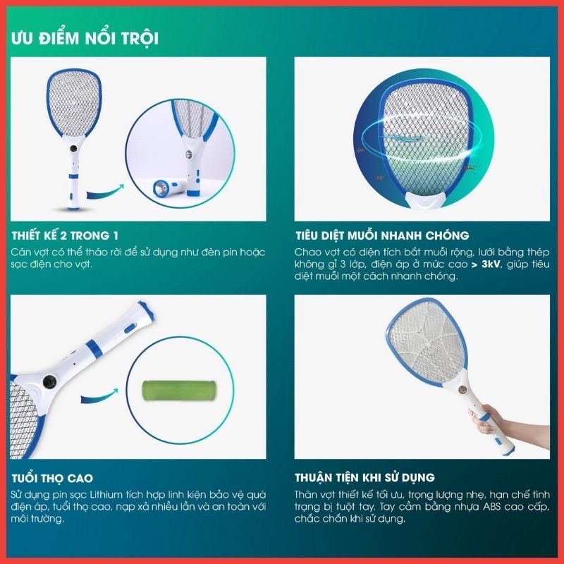 Vợt muỗi Rạng Đông VBM RD.02 - Vợt muỗi kết hợp đèn pin tháo rời dễ cắm sạc - Bảo hành 12 tháng toàn quốc