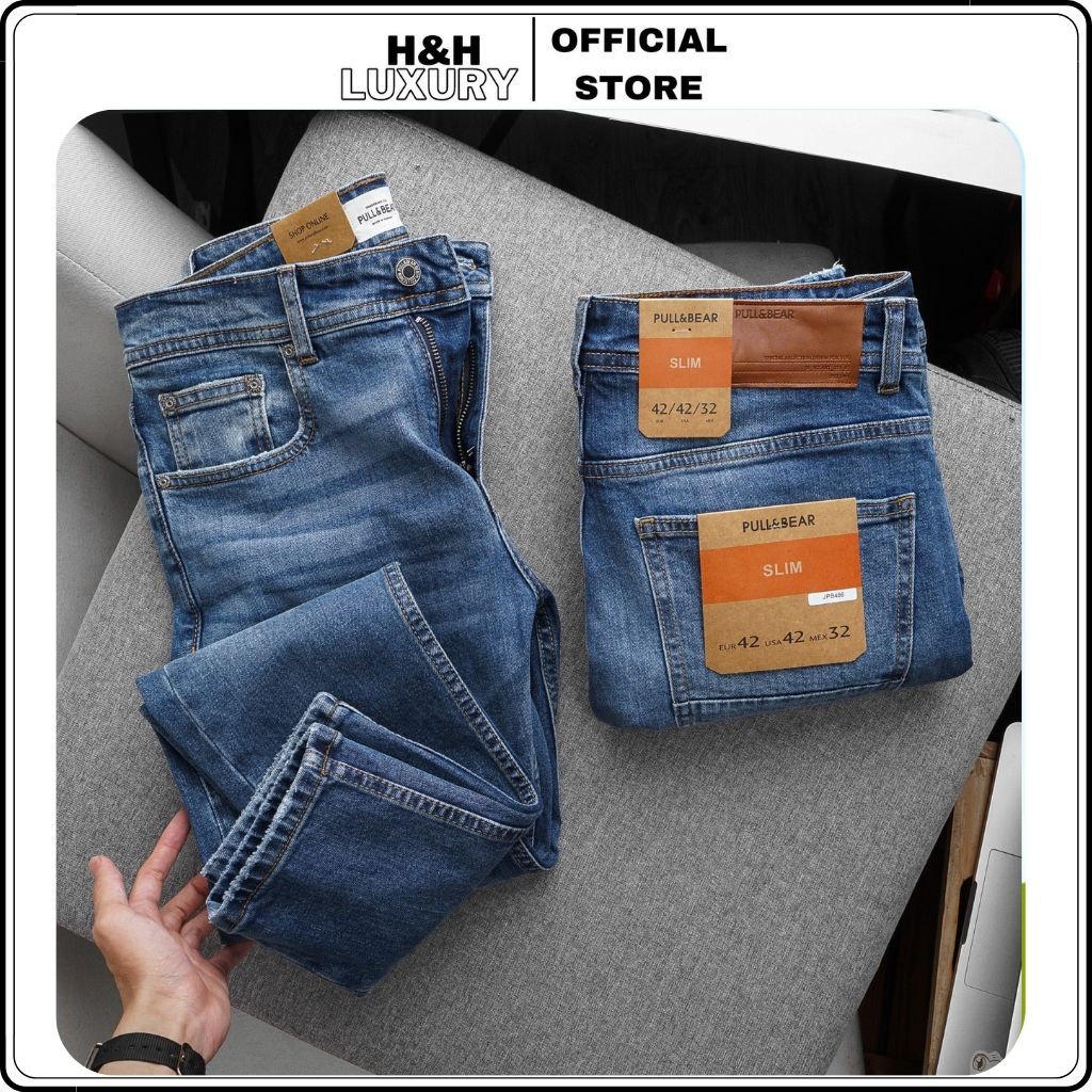 Quần jean nam, quần bò nam đẹp Pull & Bear xanh co giãn 4 chiều xuất dư- H&H LUXURY