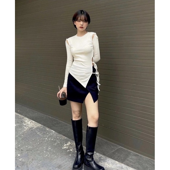 Áo tay dài hở vai LINIS TOP màu trắng thiết kế cut out đan dây tạo điểm nhấn quyến rũ