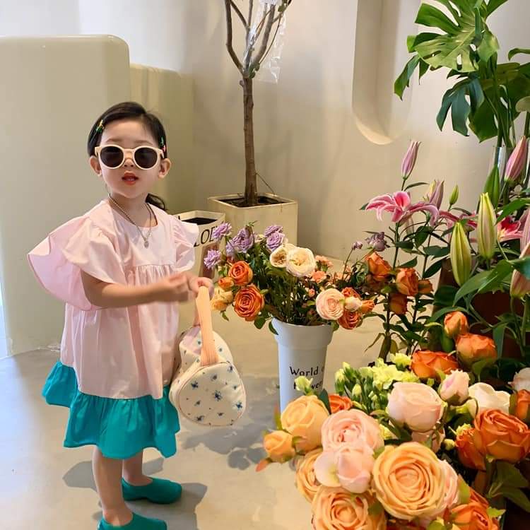 VÁY BÉ GÁI, ĐẦM TRẺ EM ,VÁY CHO BÉ HỒNG NHẠT VIỀN XANH PHONG CÁCH HÀN QUỐC (V22178)