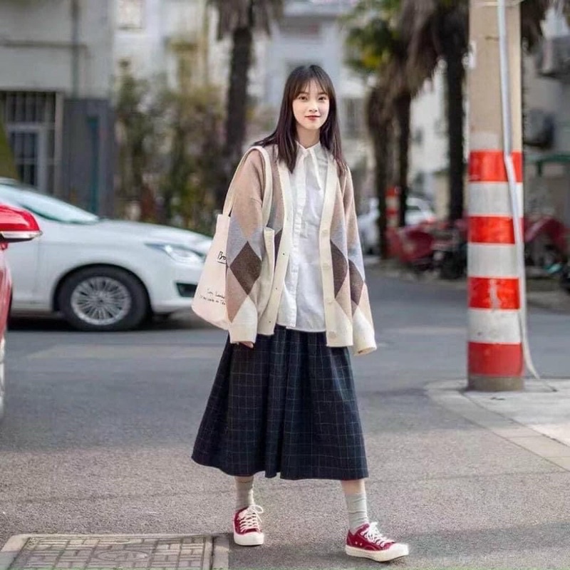 Áo len cardigan hoạ tiết trám viền cổ mix màu phong cách Ullzang