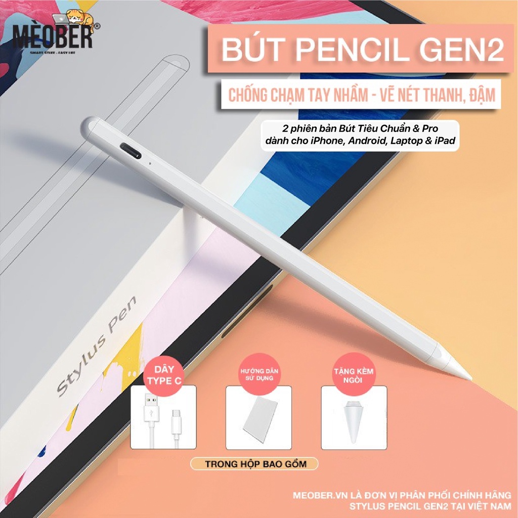 Bút cảm ứng Stylus Pencil Gen 2 - Chống chạm nhầm, vẽ nét thanh đậm, ghi chú dành cho iPad Pro 11, 12.9, Air4 5 , Gen7 8