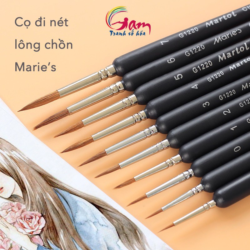 Cọ tỉa nét MARIE's lông chồn tự nhiên chuyên dụng tô tranh tô màu theo số màu nước màu acrylic