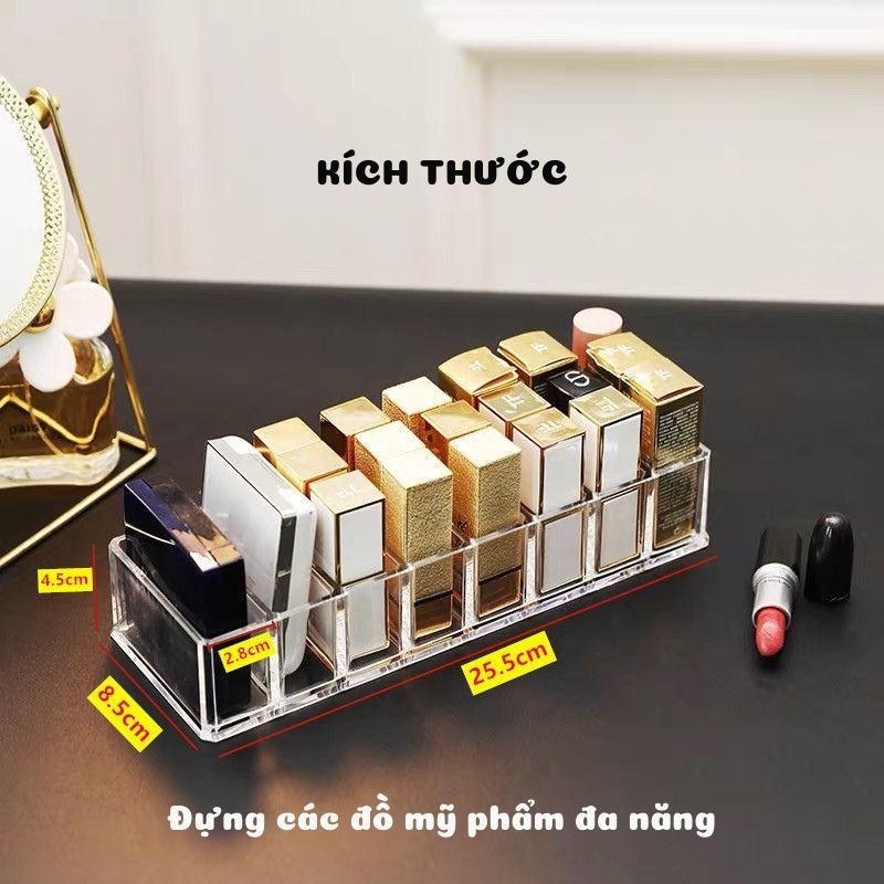 Khay đựng phấn mắt, son môi trong suốt 8 ô cao cấp dày dặn đa năng