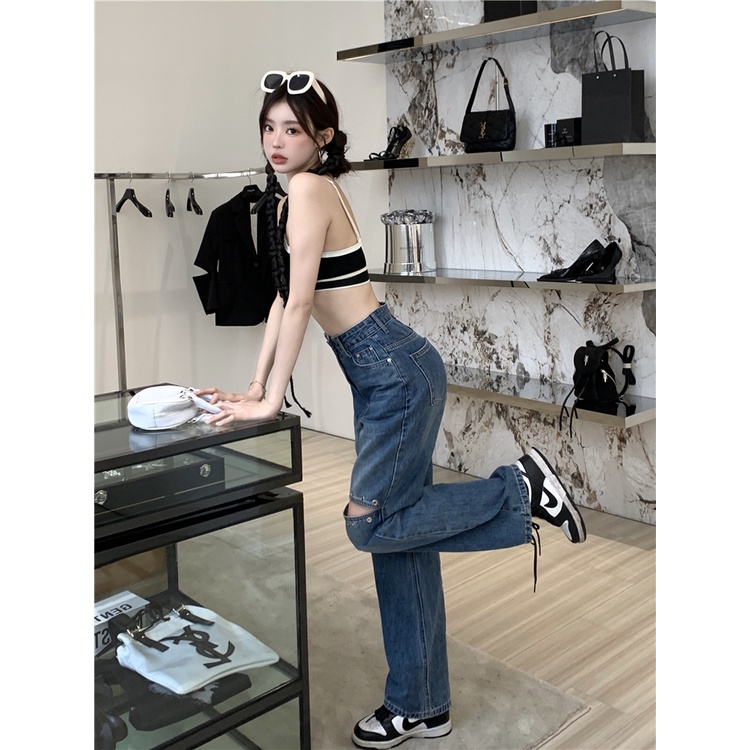 Quần Jean Nữ Lưng Cao Rách Gối Thời Trang Hàn Quốc Mới