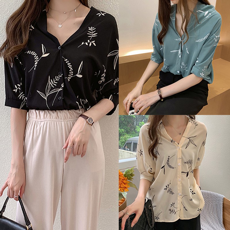 [Baywellfashion]Áo voan tay lỡ cổ tim in họa tiết lá phong cách Hàn Quốc dành cho nữ