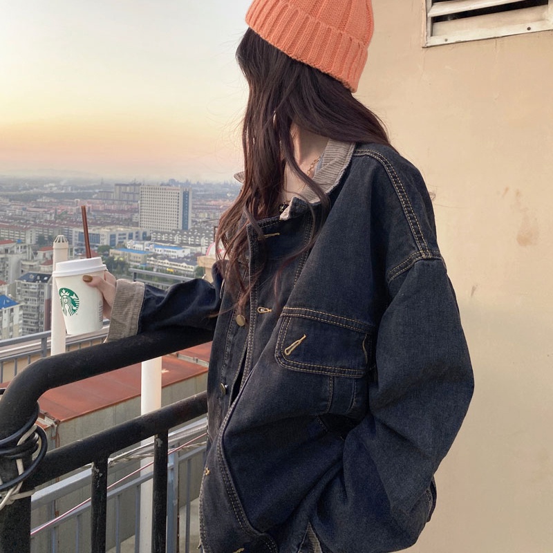 IELGY     Áo Khoác denim Tay Dài Dáng Rộng Phong Cách retro Dành Cho Nữ