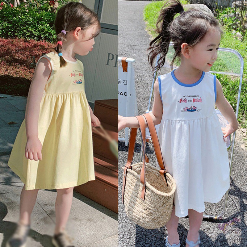 Đầm sát nách in họa tiết hoạt hình phong cách Hàn Quốc thời trang cho bé gái