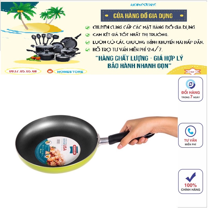 [Freeship]Chảo cặp nhôm trơn cạn Sunhouse chính hãng phi 18 + 24 xanh