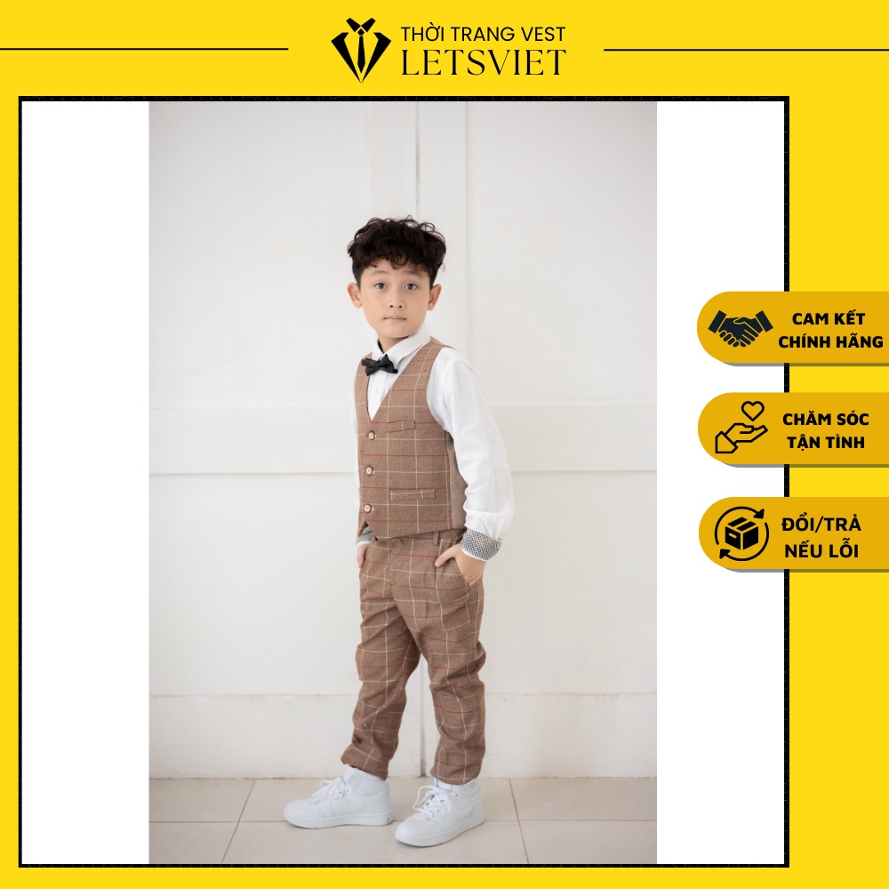Bộ Vest Bé Trai Màu Nâu Kẻ Ô Phong Cách Hàn Quốc Chất Liệu Vải Cao Cấp LETSVIET Thời Trang Trẻ Em