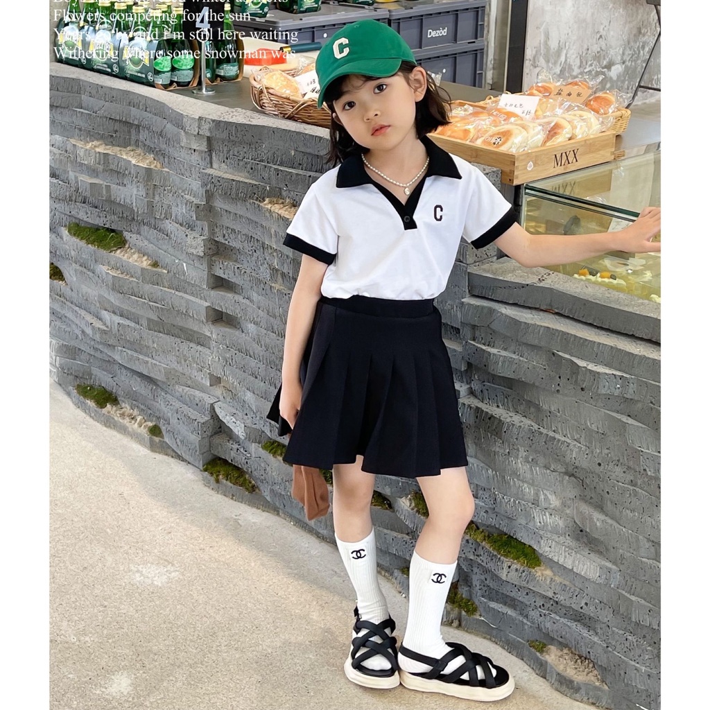 Set Áo Thun POLO + Chân Váy Xếp Ly Thời Trang Mùa Hè Mới Cho Bé Gái