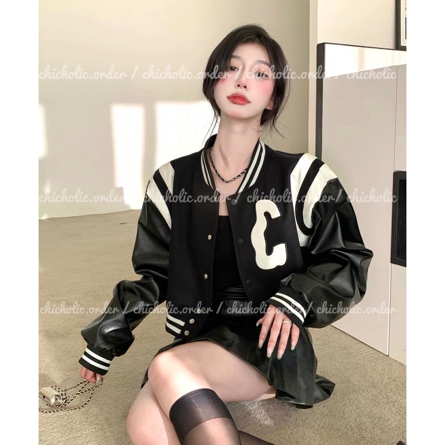 Áo Bomber Dáng Croptop Chữ C Màu Đen Cho Nữ Tay Da Xịn