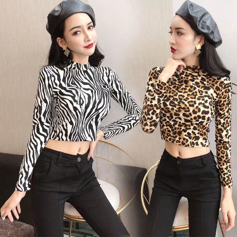 Xả Hàng⚡⚡⚡Áo Croptop Tay Dài Cổ Lọ Hoạ Tiết Da Báo / Ngựa Vằn Phong Cách Mã:C97899